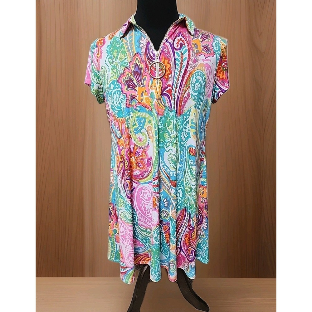 Ivy Road Bright Abstract Paisley Floral Womens Dress Large Gold Zip V-Neck L